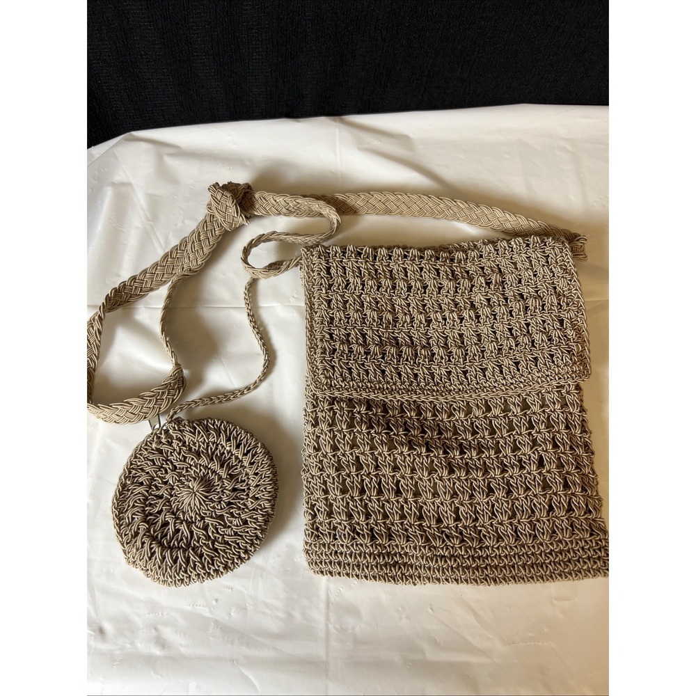 Vintage 70s Boho Taupe Woven Nylon Crossbody Shoulder Bag Matching Coin Purse